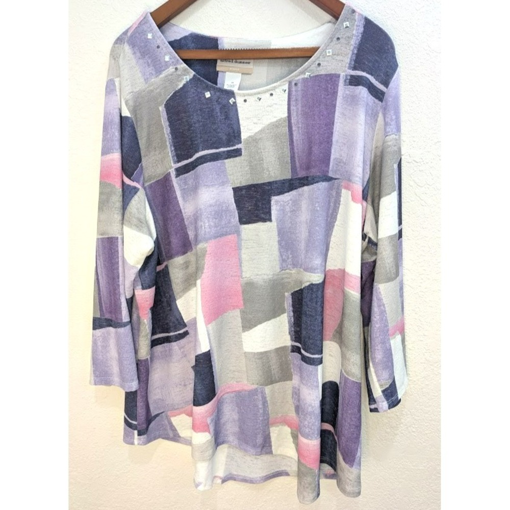 ALFRED DUNNER WOMEN'S PLUS SZ 2X GEOMETRIC LIGHTWEIGHT KNIT TOP JEWEL LINED NECK